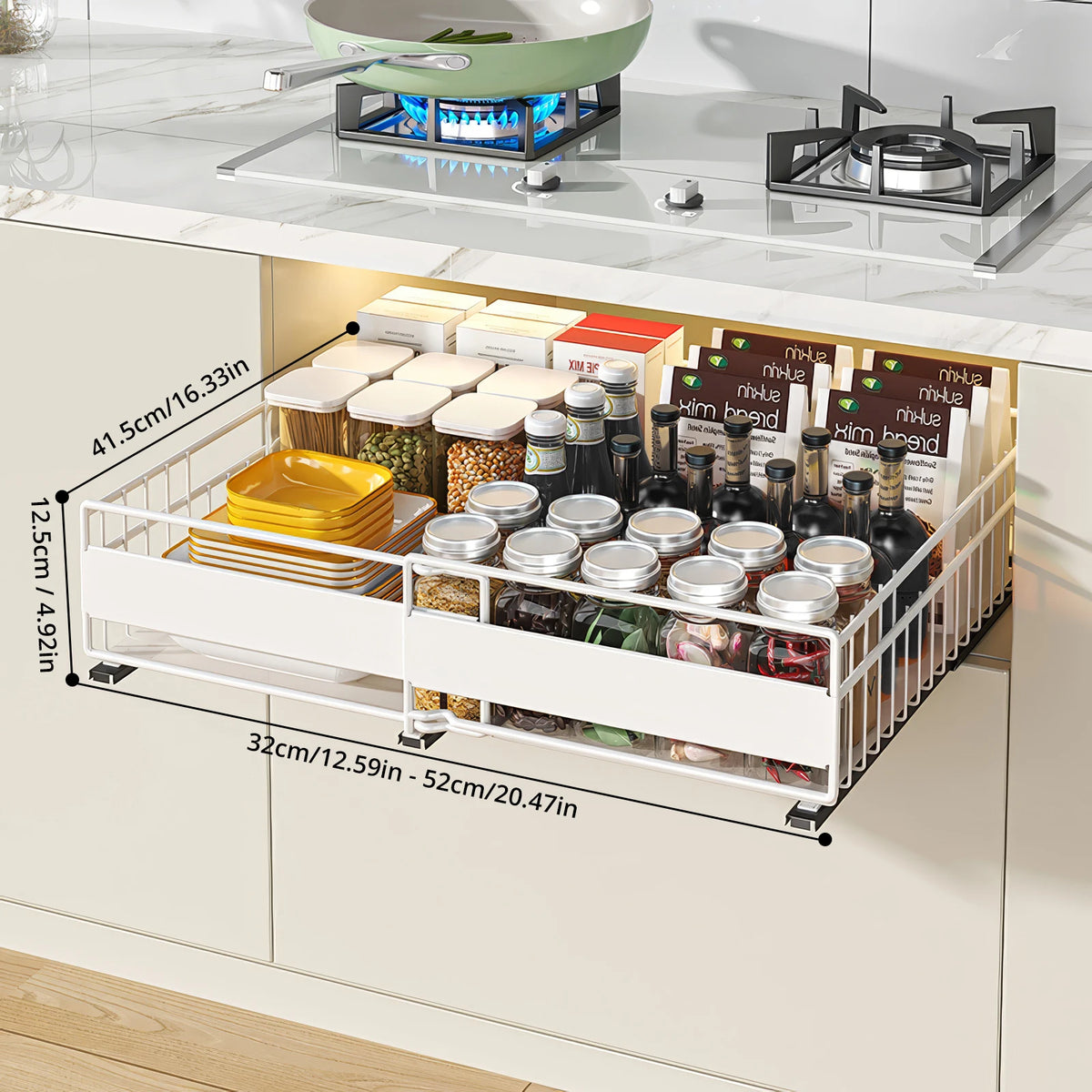 Expandable Cabinet Drawer Organizer - Pull-Out Storage Tray with 3 Sliding Rails