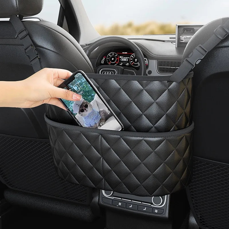 Large Capacity Car Middle Seat Storage Net - Leather Hanging Bag & Seat Back Organizer