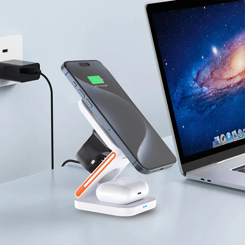 3-in-1 Foldable Magnetic Wireless Charging Station – Fast Charger Stand for iPhone 17–12, Apple Watch & AirPods Pro