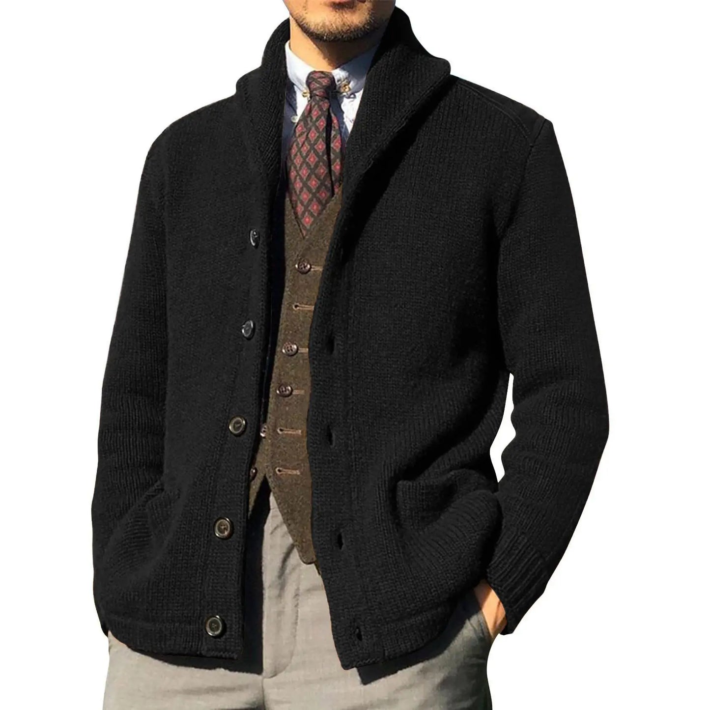 Men's Luxury Knit Cardigan Sweater - Thick Warm Autumn/Winter Solid Color Coat Top
