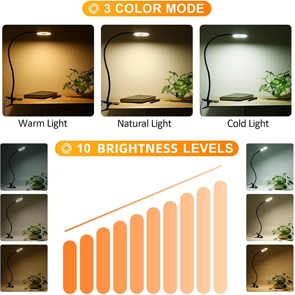 48 LEDs Clip-On Desk Lamp: 360° Flexible Gooseneck Reading Table Light - Eye-Caring USB Clamp for Books, Night Light, Study, and Reading