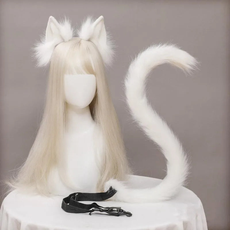 Plush Cat Ears Headband & Tail Set - Realistic Lolita Cosplay Accessories, Handmade Animal Ears for Halloween & Kawaii Costumes