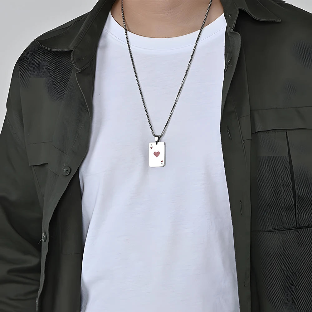 Hip Hop Poker Card Necklace – Stainless Steel Ace of Spades & Hearts Pendant Chain for Men