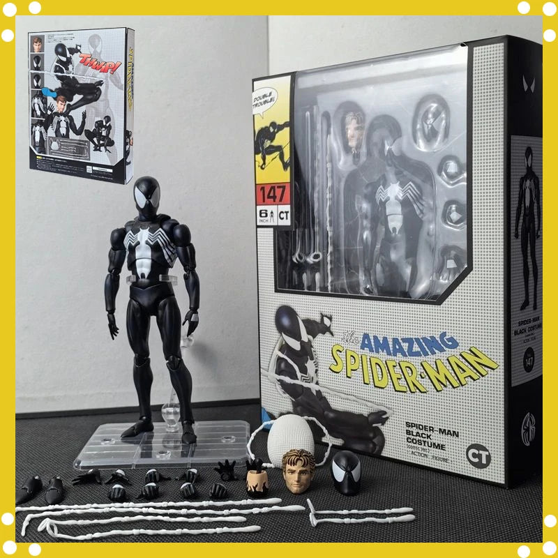 CT 1/12 The Amazing Spider-Man MAFEX 147 – S.H.Figuarts Spider-Man & Venom Symbiotic Black Suit Action Figures, 6" Model Toy