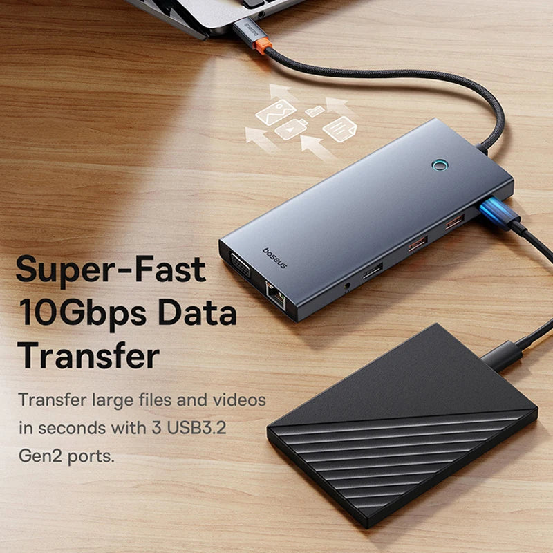 Baseus 13-in-1 USB-C Hub – HDMI, DP 4K 60Hz, RJ45, VGA, PD 100W, USB-A Adapter for MacBook & PC