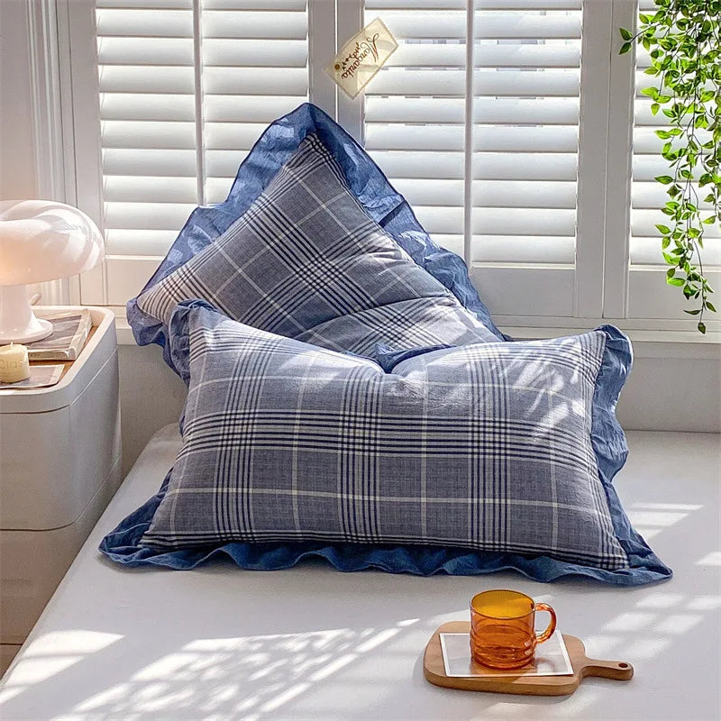 2 Pack 48x74cm Plaid Washed Cotton Pillowcases – Super Soft Ruffled Bedding Covers for Home & Dorm Decor