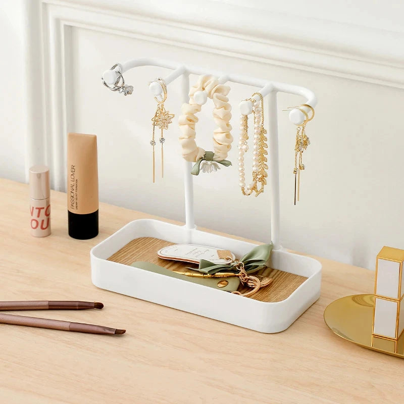 Bedroom Desktop Jewelry Storage Holder | Earrings and Necklaces Rack with Wooden Base | Bracelet Hanging Organizer