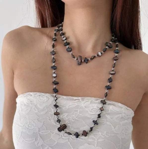 Bohemian Natural Stone Necklace - Handmade Double Layer Crystal Bead Long Chain Jewelry Gift for Women