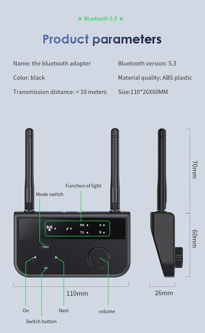 2-in-1 Bluetooth 5.3 Audio Receiver & Transmitter | 3.5mm AUX RCA Wireless Adapter for TV, Car, PC, Headphones