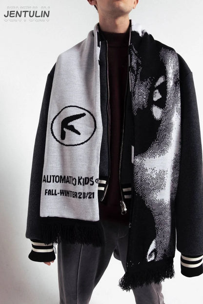 Men’s Y2K Black Knitted Scarf — Aphex Twin Goth Harajuku Streetwear Winter Shawl Unisex