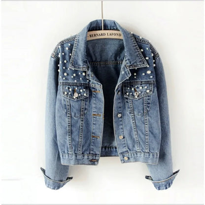 2024 Women's Short Denim Jacket – Beaded Pearl Design, Loose Fit for Spring & Autumn, New Denim Jacket