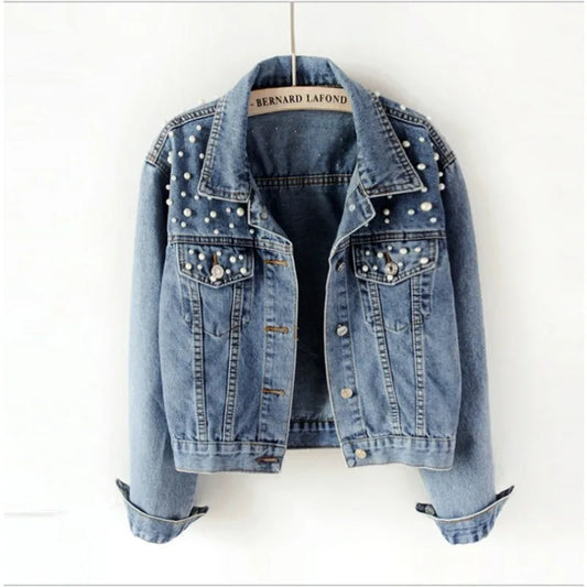 2024 Women's Short Denim Jacket – Beaded Pearl Design, Loose Fit for Spring & Autumn, New Denim Jacket