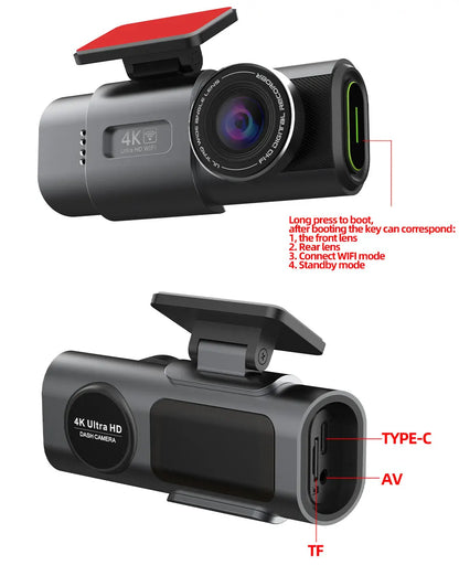 Dual Lens Dash Cam 4K UHD – Car Camera DVR with Night Vision, Wi-Fi, GPS, 24H Parking Monitoring