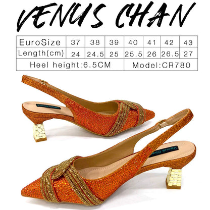 Venus Chan Women’s Champagne Shoe & Bag Set - Rhinestone Heels and Handbag for Nigerian Parties & Weddings
