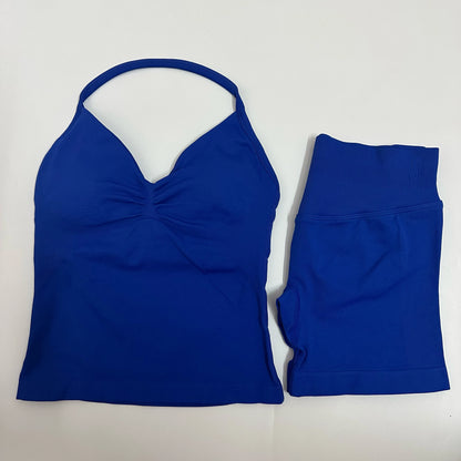 2-Piece Women’s Yoga Set – Seamless Longline Strappy Tank Top & Scrunch Sports Shorts, Summer Workout Gym Outfit