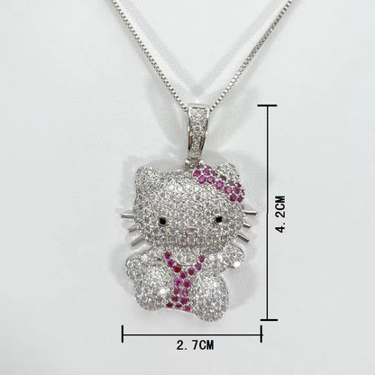 Kawaii Hello Kitty Necklace – Anime Sanrio Hip Hop Diamond Pendant with Cuba Chain, Cute Cartoon Jewelry Gift for Men & Women