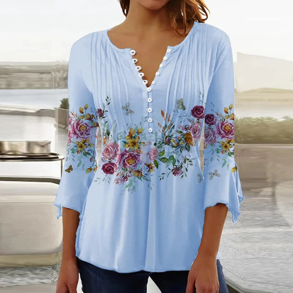 2024 Trendy 3D Printed Women’s Blouse Shirt – V Neck Button-Up 3/4 Sleeve Elegant Spring Summer Fashion Top