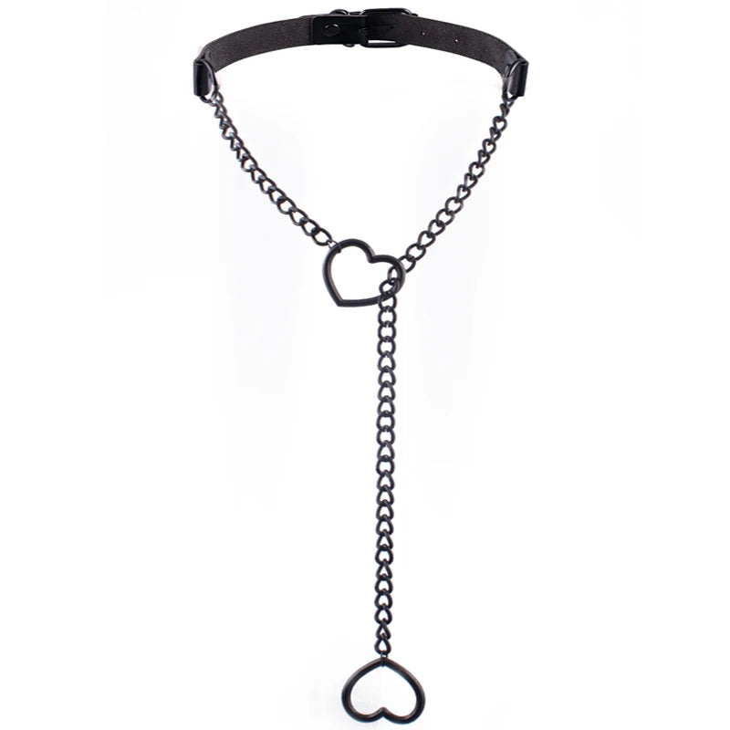 Heart Slip Chain Necklace – Black Leather Gothic Choker for Women, Punk & Goth Jewelry