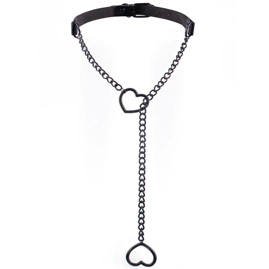 Heart Slip Chain Necklace – Black Leather Gothic Choker for Women, Punk & Goth Jewelry