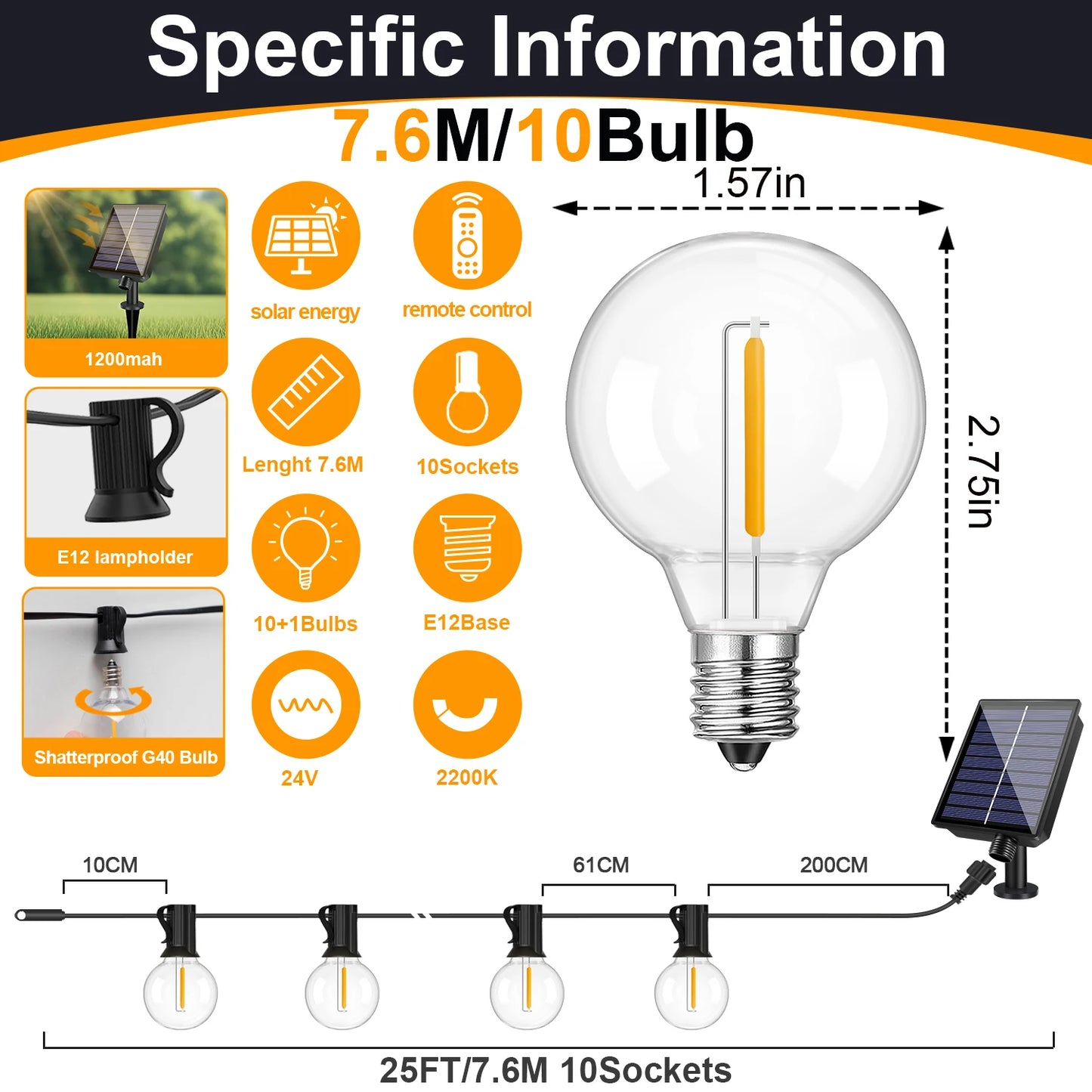 Solar LED G40 Globe String Lights – Waterproof Shatterproof Outdoor Hanging Lights for Backyard & Bistro Decoration