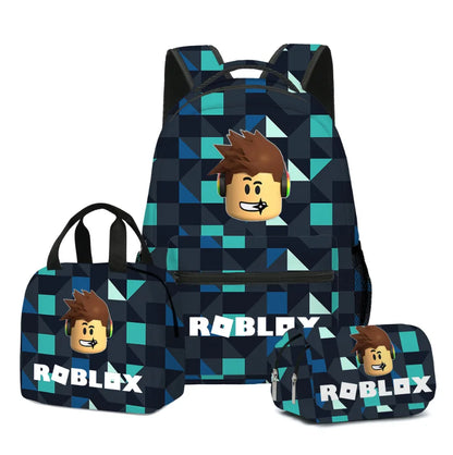 3pcs Roblox Cartoon Print Bag Set – School Backpack, Lunch Bag & Pencil Case for Students, Birthday Gift Set