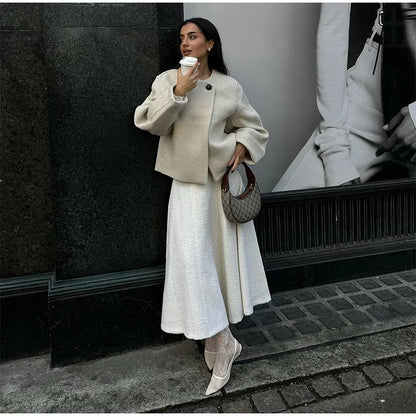 2024 Women's Elegant Solid Wool Blend Cardigan Coat – Round Neck, Single Button, Long Sleeve High Street Outwear