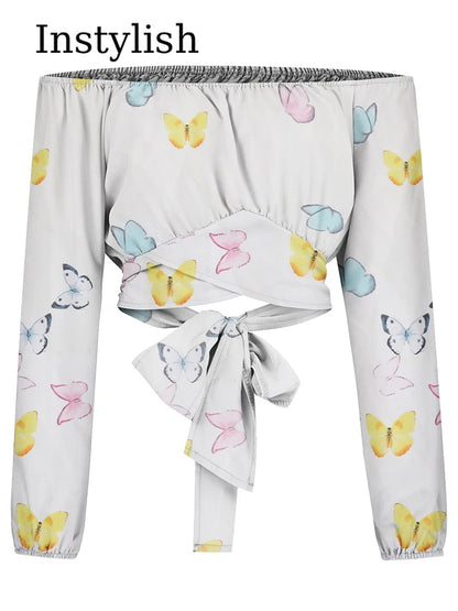 Elegance Redefined: Women's Sexy Off-Shoulder Printing Blouses - Chic Lantern Long Sleeve Lace-Up Bow Cropped Tops, Casual Slim Shirts
