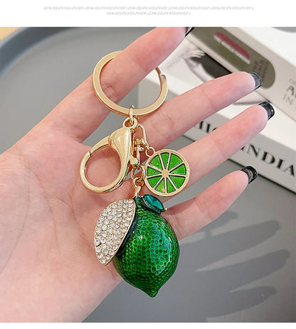 EASYA Vintage Imitation Fruit Charm Keychain – Lemon, Persimmon & Strawberry Glass Pendant, Luxury Jewelry for Women