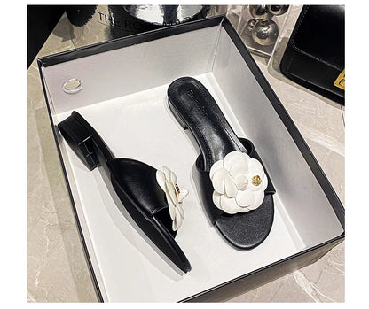 Luxury Women’s Flower Slippers — Camellia Open-Toe Slides for Home & Outdoor, Ladies Flip Flop Sandals