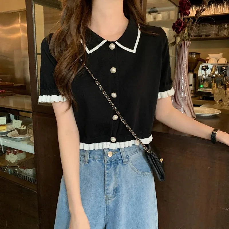 Women’s Summer Knitted Blouse — Chic Retro Slim Short Sleeve Crop Top, All-Match Style