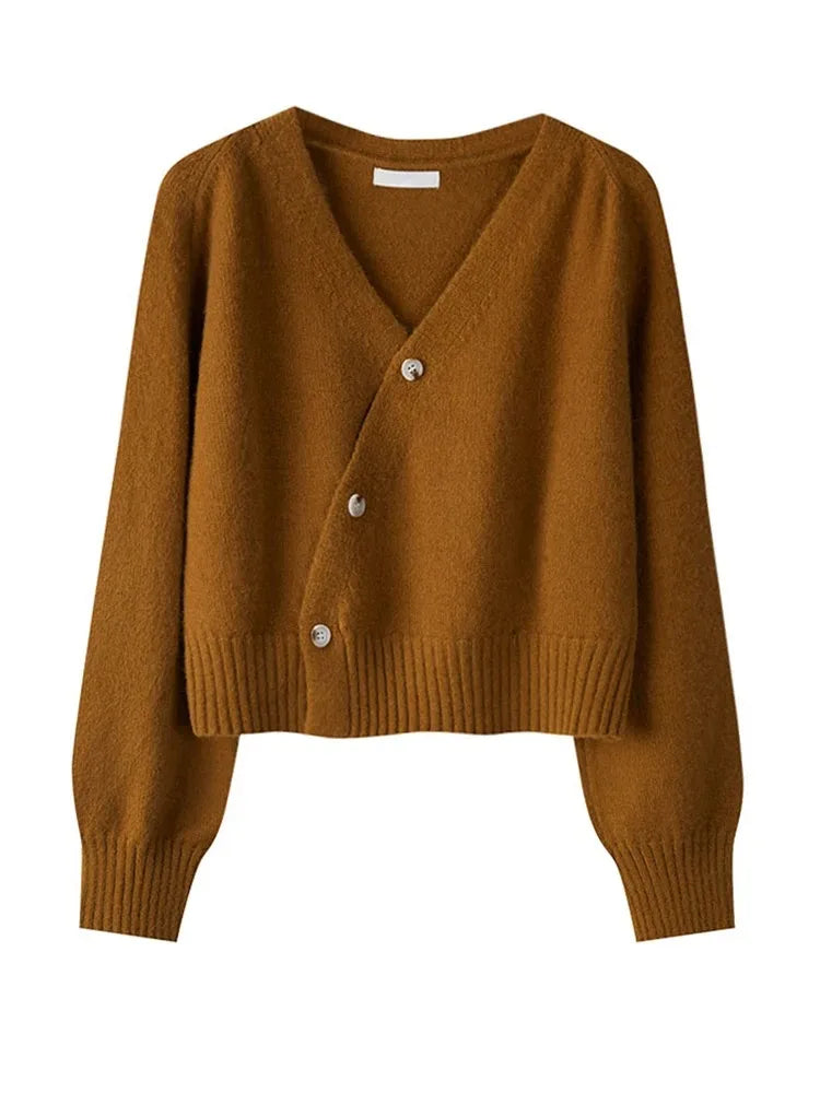 Korean Women's Autumn Winter Knitted Cardigan – Diagonal V-Neck Long Sleeve Single-Breasted Sweater