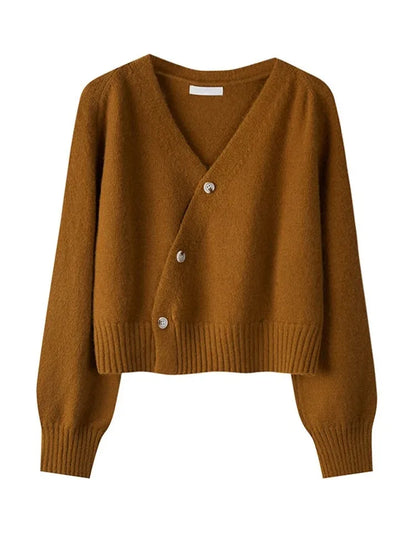 Korean Women's Autumn Winter Knitted Cardigan – Diagonal V-Neck Long Sleeve Single-Breasted Sweater