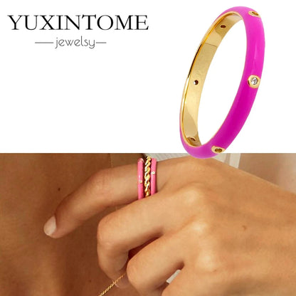 24K Gold-Plated & Silver Enamel Ring – Slim Round Women's Luxury Zircon CZ Ring in Green, Purple, Pink for Wedding & Anniversary