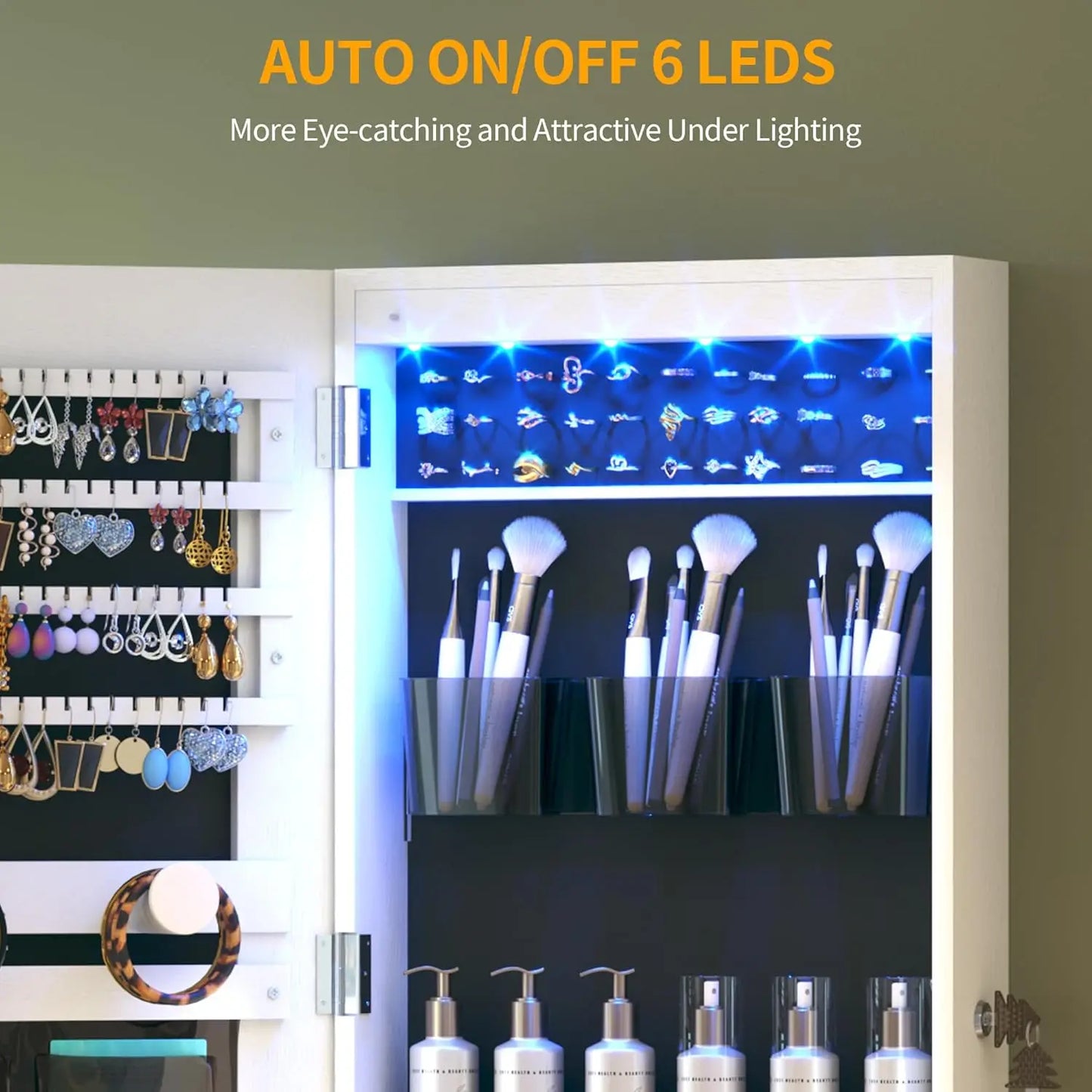 LED Door Hanging Mirror Cabinet – Wall-Mounted Full-Length Lighted Jewelry Organizer with Storage