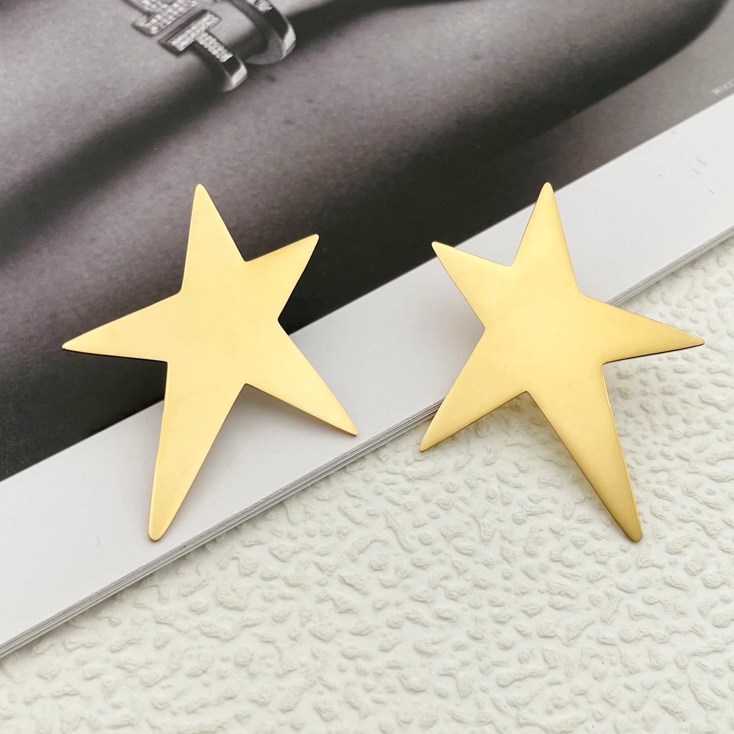 May@RZ Star-Shaped Stainless Steel Stud Earrings — 14K Gold-Plated, Fun Everyday Jewelry for Men & Women