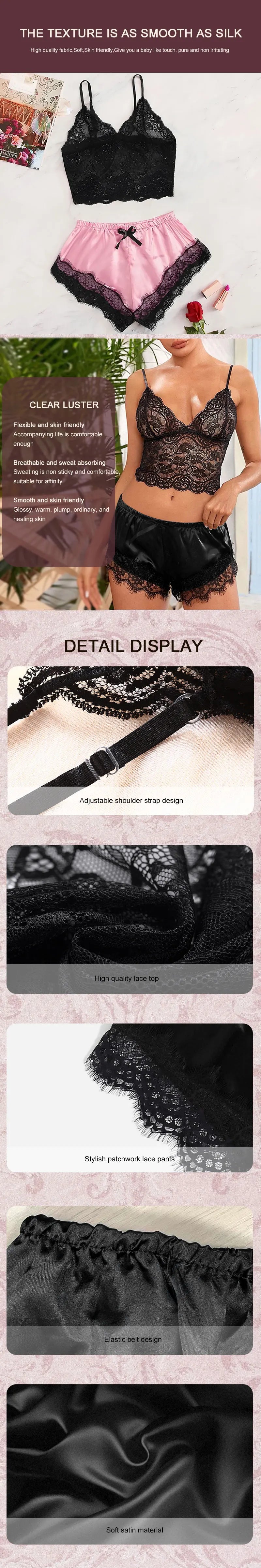 2025 Summer Women's Sexy Lace See-Through Pajamas Set – Black & Pink, Comfortable Breathable Suspender Shorts