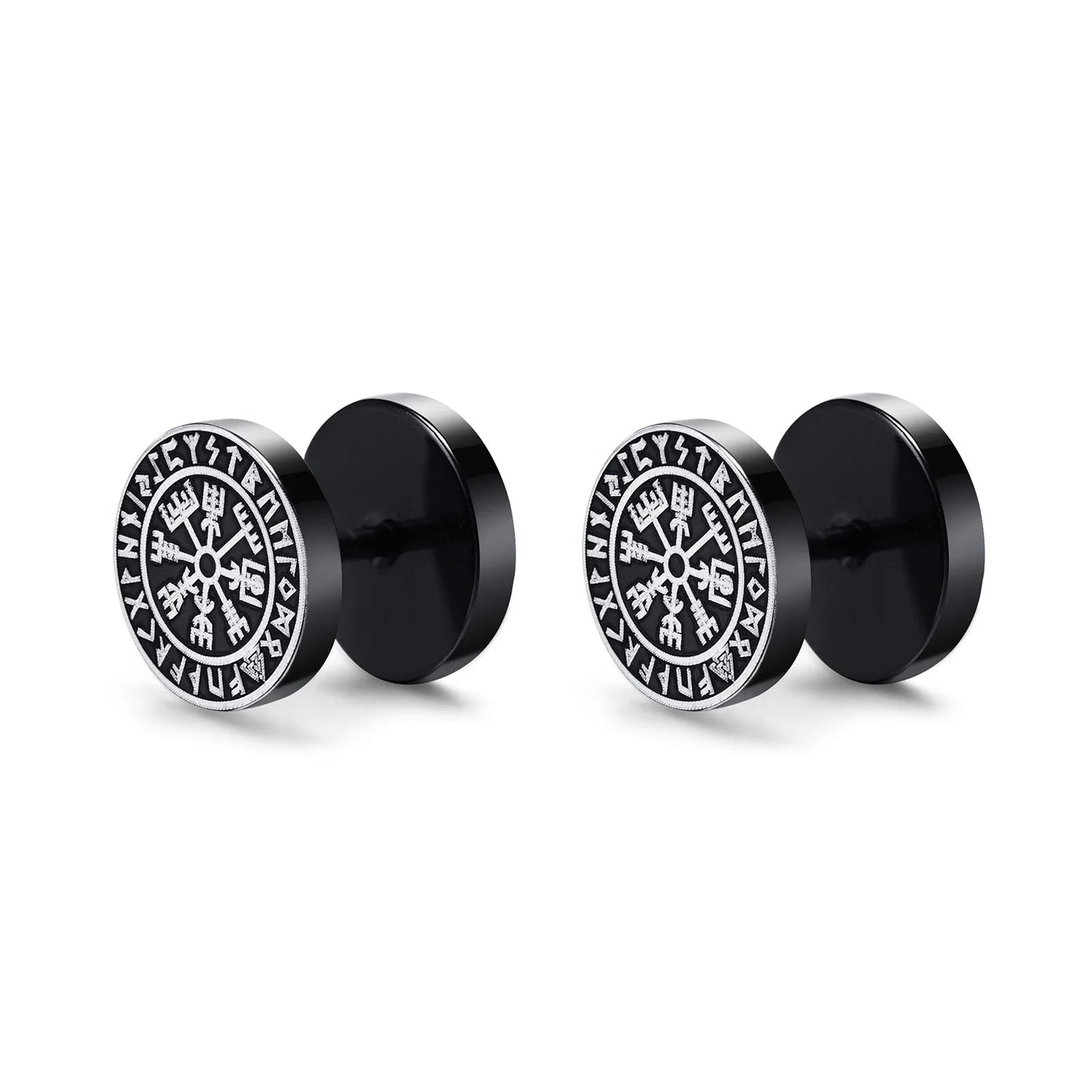 Vnox Men's Viking Black Stud Earrings - Vegvisir & Norse Valknut, Cool Punk Stainless Steel Set