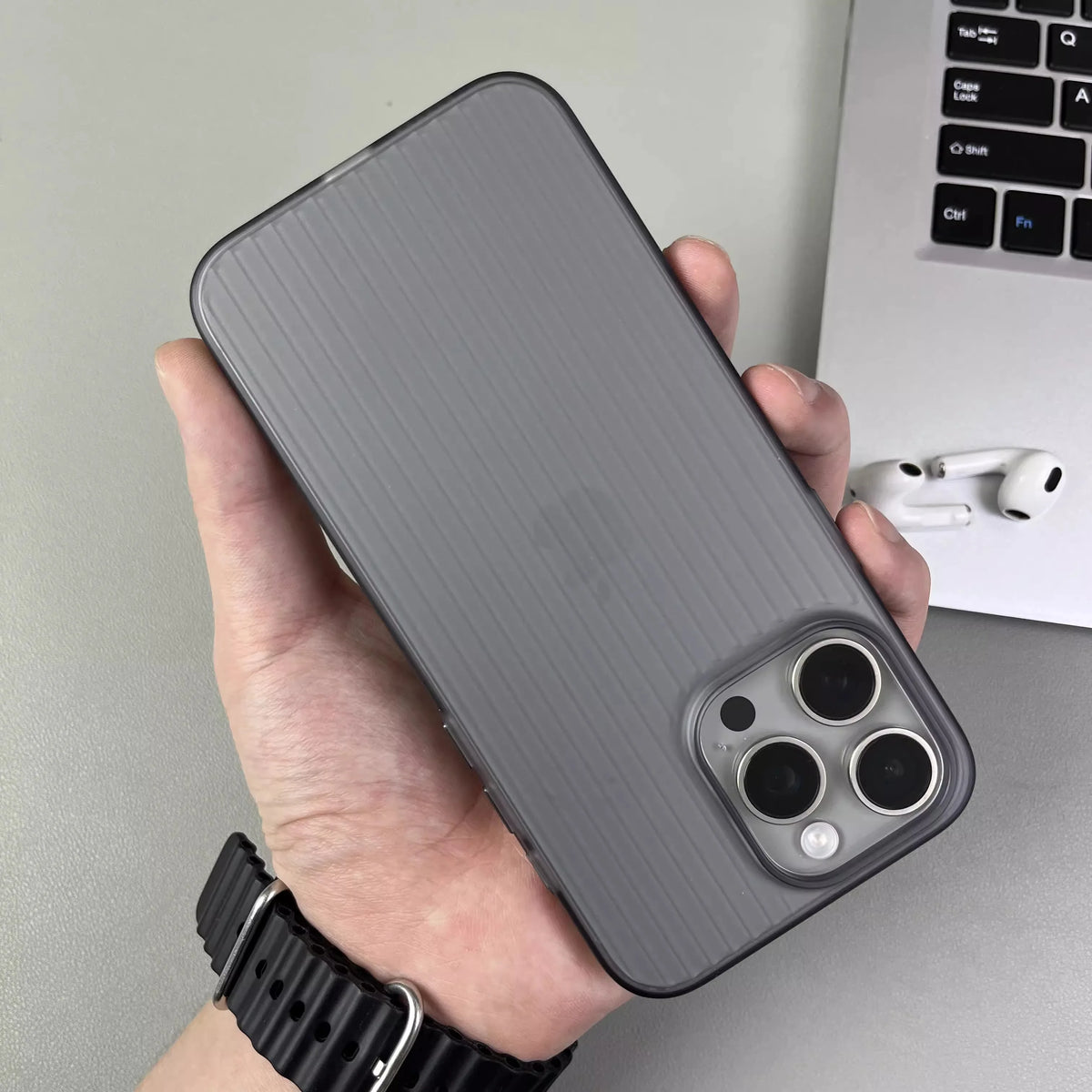 Titanium Stripe iPhone Case - Shockproof Hard Armor Cover with Metal Buttons for iPhone 13–16 Pro Max