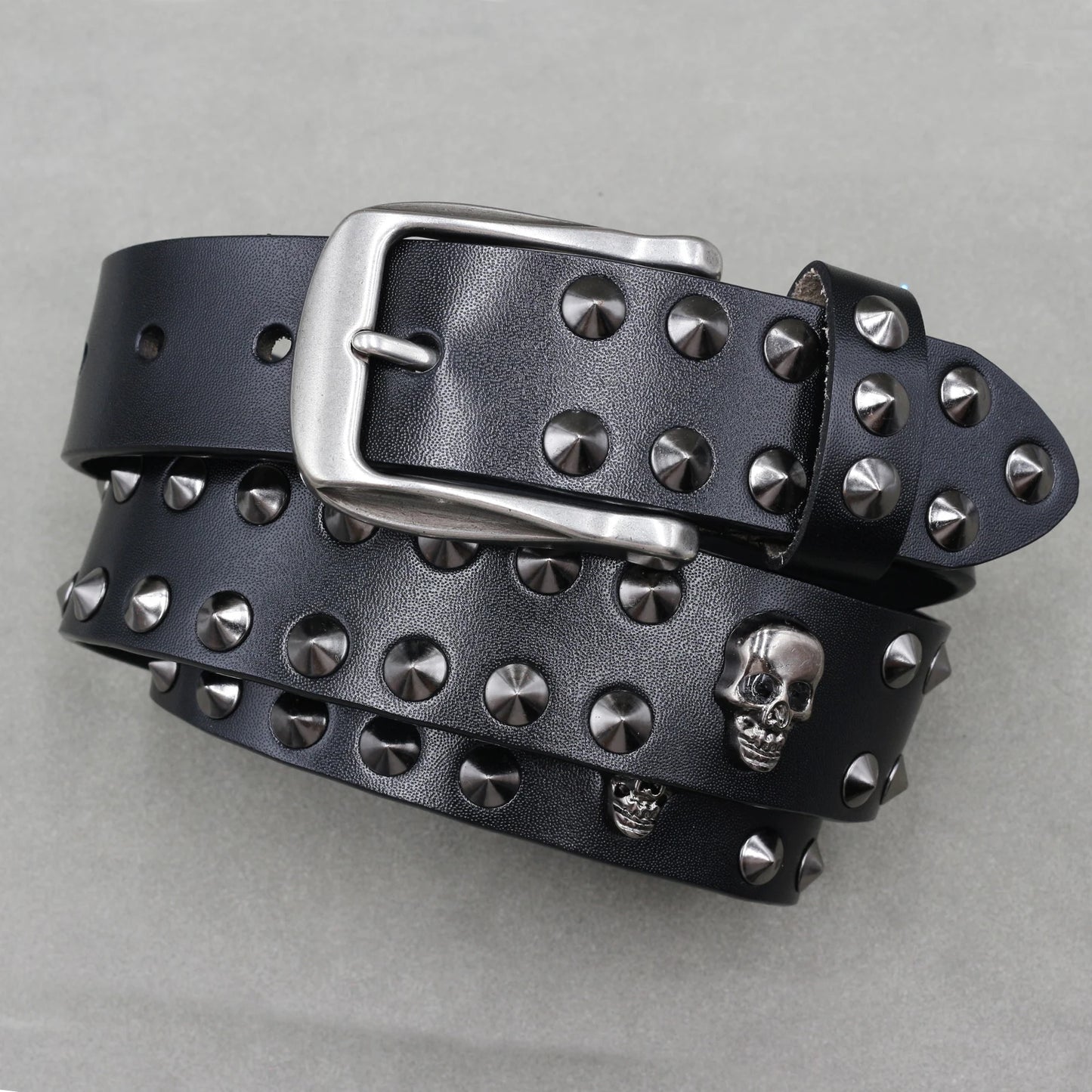 Men’s Designer Rivet Belt – Genuine Cowhide Leather Punk Rock Pin Belt for Jeans, Luxury Black Leather Belt
