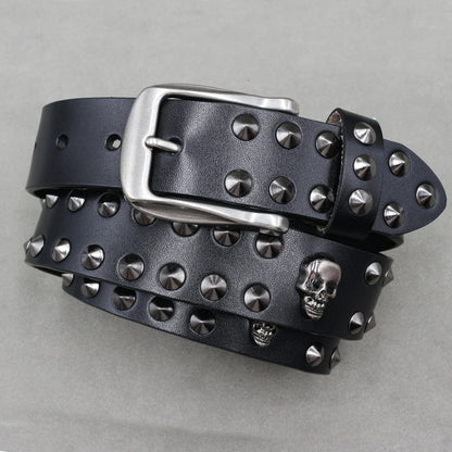 Men’s Designer Rivet Belt – Genuine Cowhide Leather Punk Rock Pin Belt for Jeans, Luxury Black Leather Belt