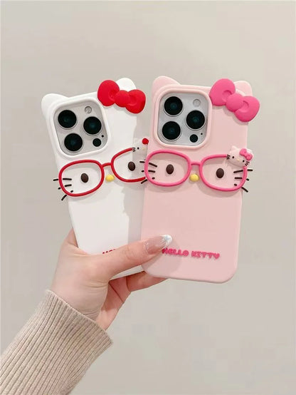 3D Cat Glasses Silicone Phone Case - Cute Animal Protective Cover for iPhone 17 Pro Max, 16, 15 Plus, 14, 13 Mini, 12, 11, 8, 7, SE Series