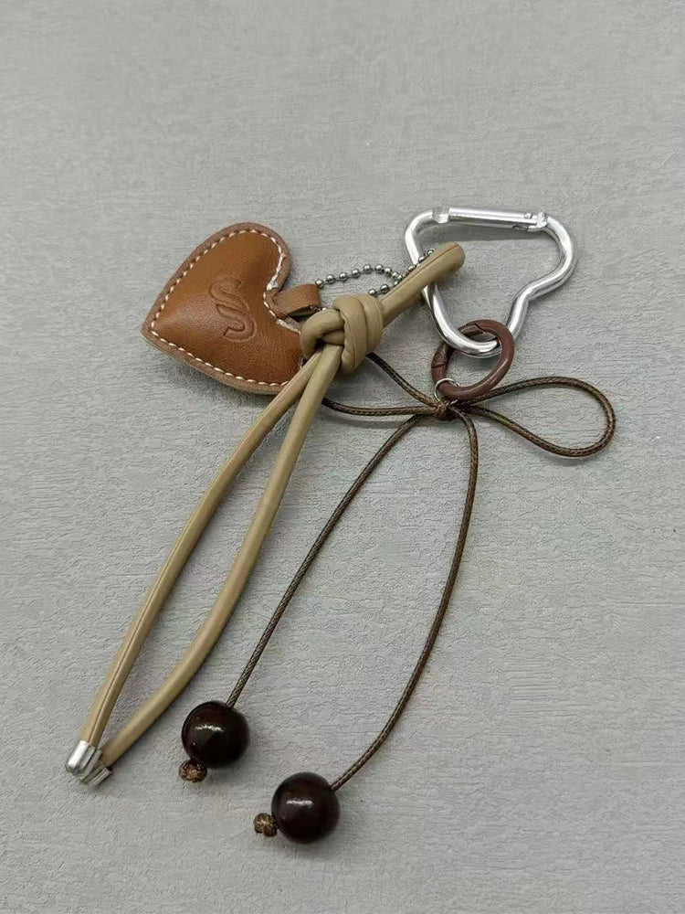 Y2K Leather Rope Keychain with Cherry Bow – Cute 3D Heart Bag Pendant Cartoon Keyring & Anti-Lost Phone Lanyard