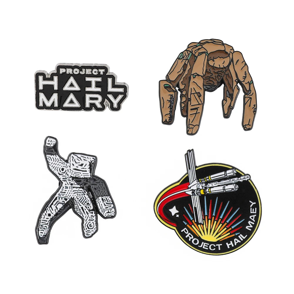 Project Hail Mary 4-Piece Enamel Pin Set - Sci-Fi Book and Movie Collectible Badges Featuring Rocky and Grace's Sculpture