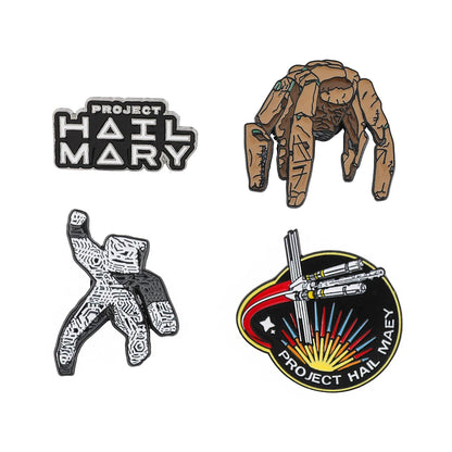 Project Hail Mary 4-Piece Enamel Pin Set - Sci-Fi Book and Movie Collectible Badges Featuring Rocky and Grace's Sculpture