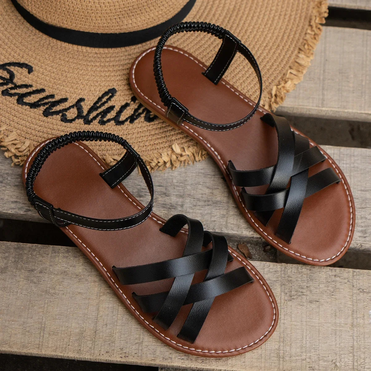 Women's Chic Spring Flat Sandals - Lightweight Elastic Band Comfort Shoes for All-Day Casual Style