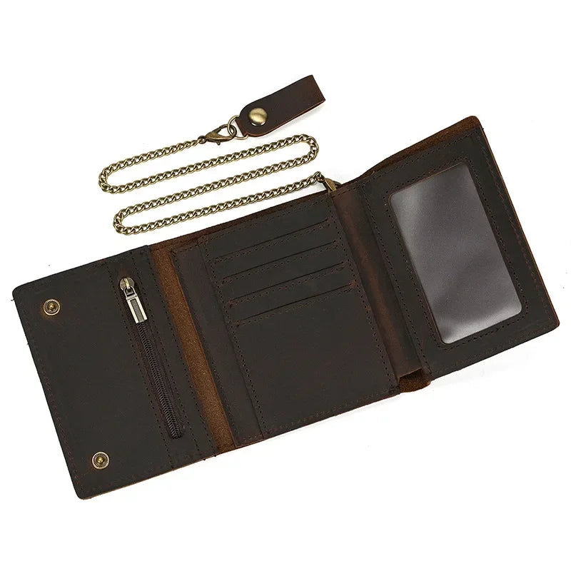 Men's Genuine Leather Short Wallet with Chain – Zipper Clutch, Trifold Purse, Card Holder & Coin Purse for Men