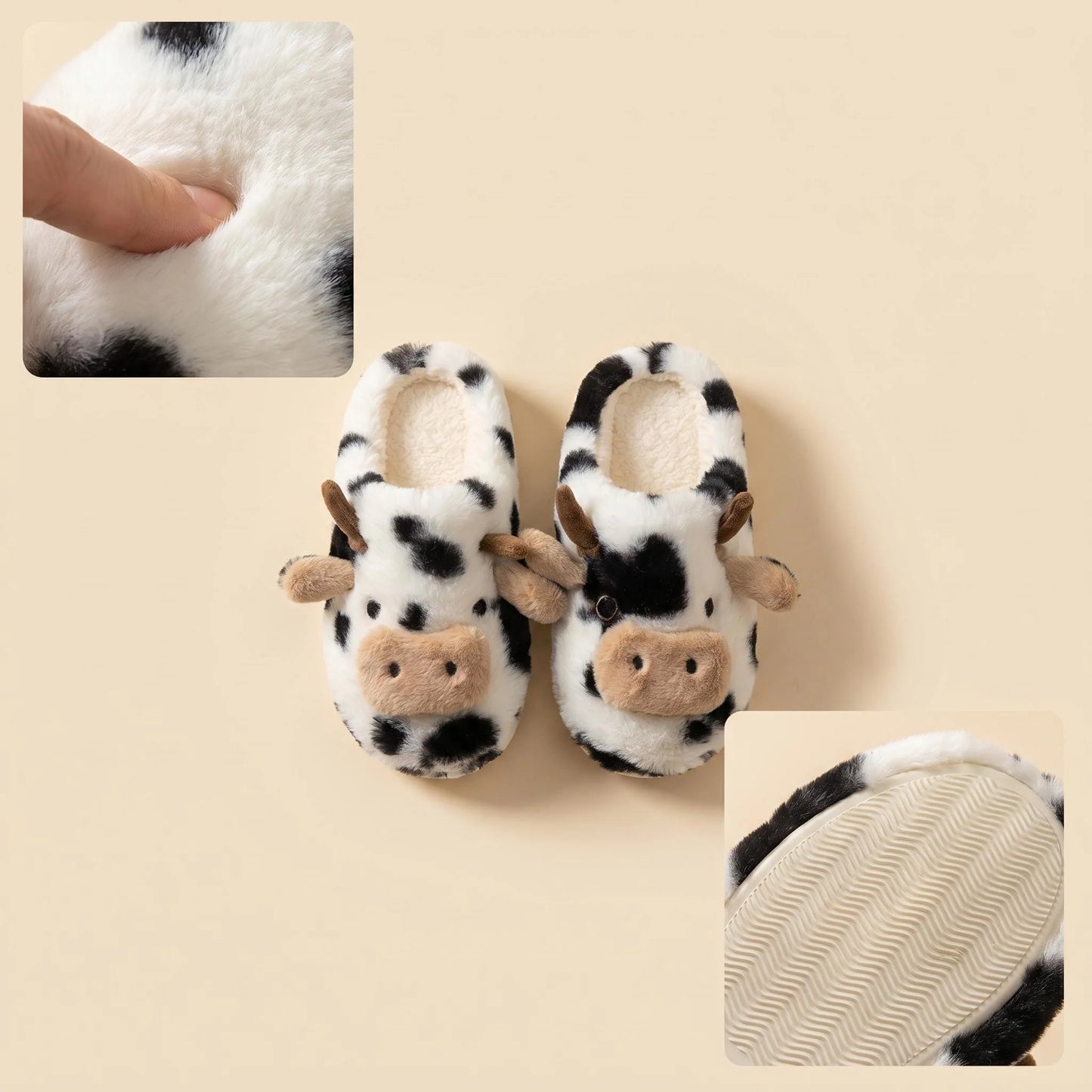 3D Cow Plush Slippers - Cute Fluffy Warm Non-Slip Indoor Home Shoes for Women