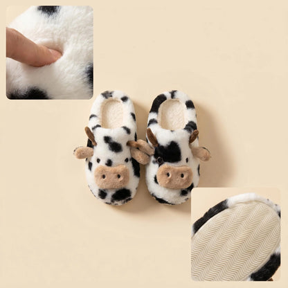 3D Cow Plush Slippers - Cute Fluffy Warm Non-Slip Indoor Home Shoes for Women
