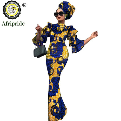 African Bazin Riche 2-Piece Dress Set - Plus Size Bodycon Dress with Headwrap for Women