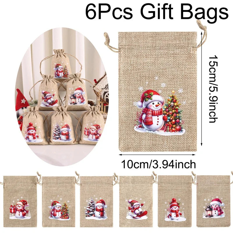 6pcs Christmas Linen Drawstring Gift Bags - Burlap Candy Biscuit Pouches for Holiday Decor & Xmas Gift Packaging